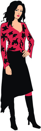 Black hair woman standing as fashion show modelのイラスト素材