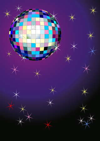 Vector illustration of a mirror ball on purple background with starsのイラスト素材