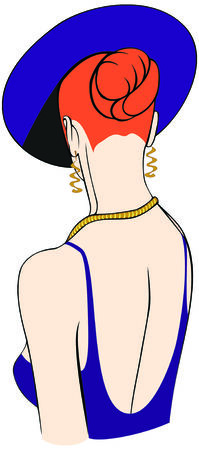 Beautiful lady in blue hat and evening dress, back viewのイラスト素材