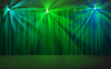 Empty stage with green curtain lighted with multicolored projector lightsの写真素材