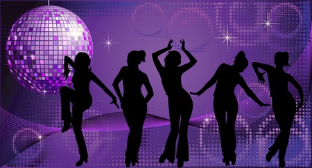 Vector illustration of five dancing women silhouettes on disco backgroundのイラスト素材