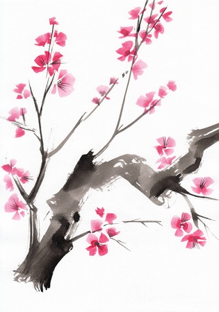 Watercolor painting of a tree in blossomの写真素材