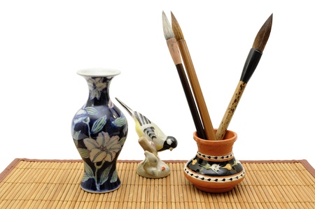 Still life with Asian brushes isolated on white with clipping pathの写真素材