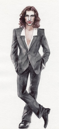Original watercolor painting of a handsome long hair man wearing gray suitの写真素材