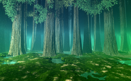 Misty forest with giant fir trees, hills, still water and green air perspective. 3d illustration.の写真素材
