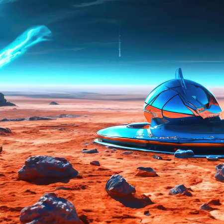 UFO flying in space. 3D render. Fantasy planet.の写真素材