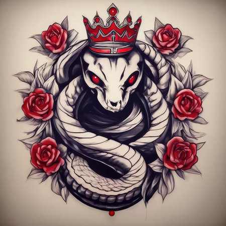 Hand drawn illustration of snake with crown and roses. Tattoo art.の写真素材