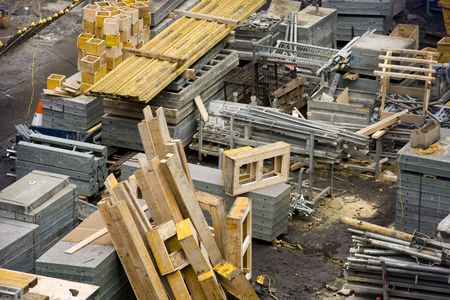Construction Site with Steel and Wood Materialsの写真素材