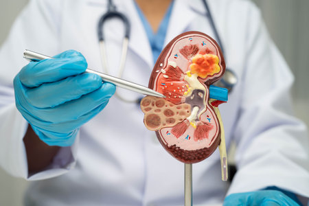 Chronic kidney disease, doctor with model for treatment urinary system, urology, Estimated glomerular filtration rate eGFR.の写真素材