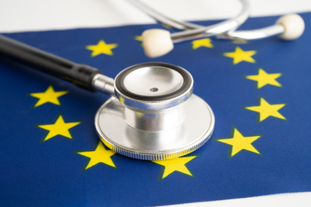 EU flag with black stethoscope, Business and finance.の写真素材