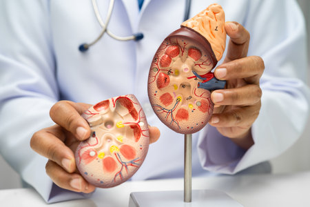 Chronic kidney disease, doctor with model for treatment urinary system, urology, Estimated glomerular filtration rate eGFR.の写真素材