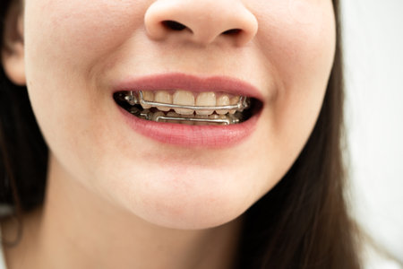 Asian woman wearing Hawley retainer removable orthodontic appliance maintain position of teeth.の写真素材