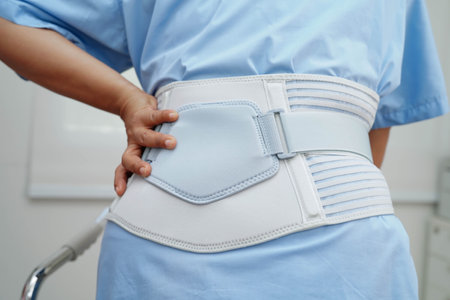 Asian woman wearing lumbar support pain back and use walker in hospital.