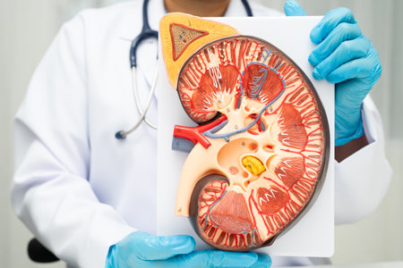 Chronic kidney disease, doctor with model for treatment urinary system, urology, Estimated glomerular filtration rate eGFR.の写真素材