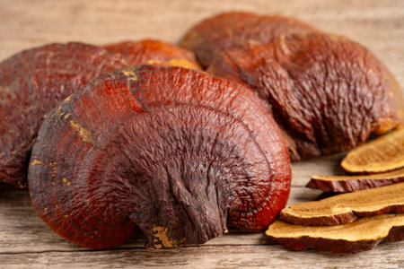 Lingzhi or Reishi mushroom with capsules, organic natural healthy food.
