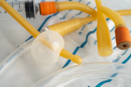 Foley catheter and urine drainage bag collect urine for disability or patient in hospital.の写真素材