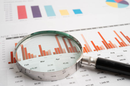 Magnifying glass on charts graphs paper. Financial development, Banking Account, Statistic, Investment Analytic research data economy.の写真素材