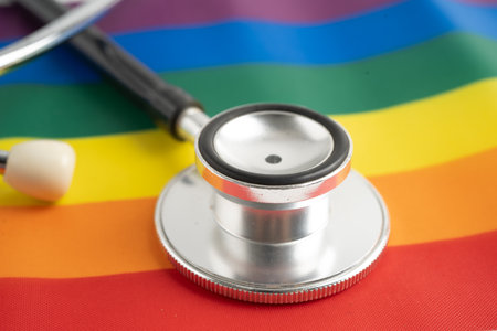 Stethoscope on LGBT rainbow flag, rights and gender equality.の写真素材