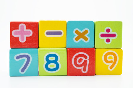 Number wood block cubes for learning Mathematic, education math.