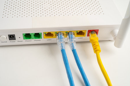 Ethernet cable with wireless router connect to internet service provider network.