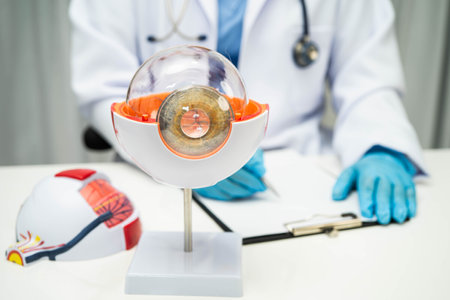 Asian doctor with eye human anatomy model for study diagnosis and treatment in hospital.