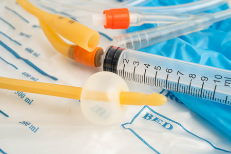 Foley catheter and urine drainage bag collect urine for disability or patient in hospital.の写真素材