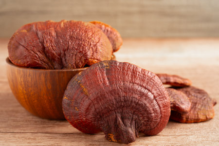 Lingzhi or Reishi mushroom with capsules, organic natural healthy food.