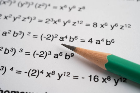 Pencil on mathematic formula exercise test paper in education school.の写真素材