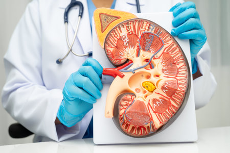 Chronic kidney disease, doctor with model for treatment urinary system, urology, Estimated glomerular filtration rate eGFR.の写真素材