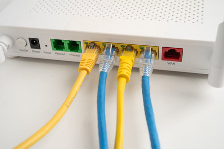 Ethernet cable with wireless router connect to internet service provider network.