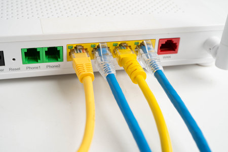 Ethernet cable with wireless router connect to internet service provider network.