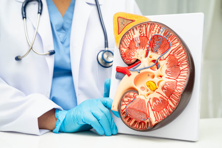 Chronic kidney disease, doctor with model for treatment urinary system, urology, Estimated...