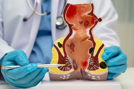 Asian doctor with rectum and hemorrhoid human anatomy model at hospital, inflamed vascular structure.の写真素材