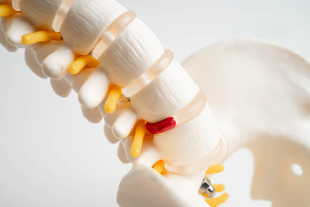 Spinal nerve and bone, Lumbar spine displaced herniated disc fragment, Model for treatment medical in the orthopedic department.の写真素材