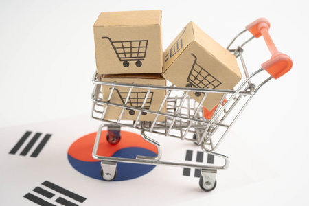 South Korea flag with Shopping cart box, import export, finance commerce.の写真素材