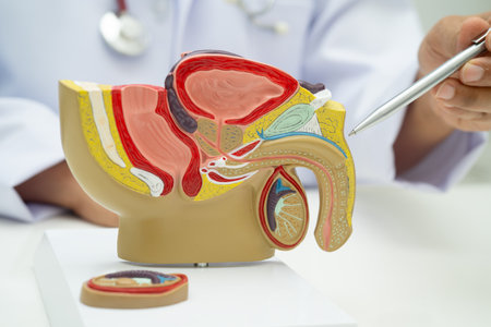 Male reproductive system, doctor holding human anatomy model for study diagnosis and treatment in...
