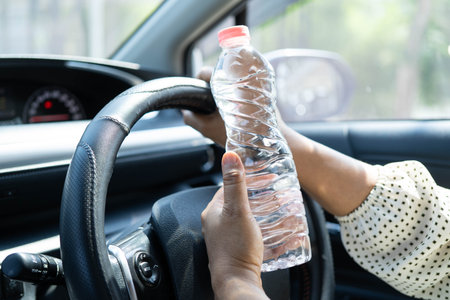 Asian woman driver hold cold water for drink in car, dangerous and risk an accident.の写真素材