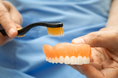 Asian senior woman patient clean teeth denture with toothbrush for chew food.