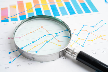 Magnifying glass on charts graphs paper. Financial development, Banking Account, Statistic,...