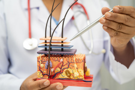 Hair transplant, Asian dermatologist doctor holding skin structure anatomy model for treatment in hospital.の写真素材