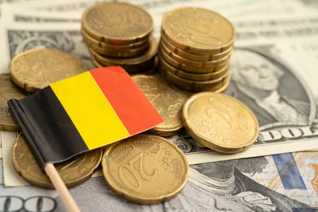 flag on coin and banknote money, finance trading investment business currency.の写真素材