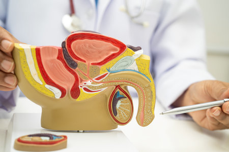 Male reproductive system, doctor holding human anatomy model for study diagnosis and treatment in hospital.の写真素材