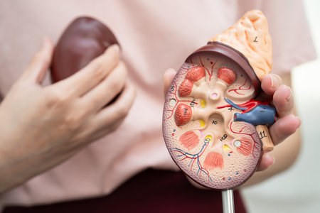 Chronic kidney disease, Asian woman with model for treatment urinary system, urology, Estimated...