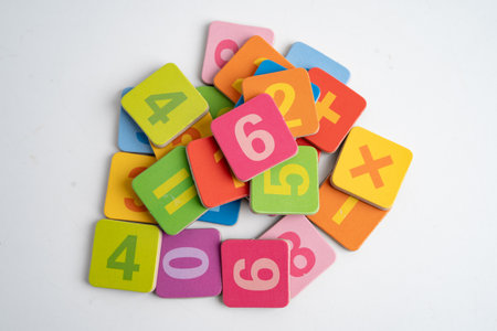 Number wood block cubes for learning Mathematic, education math.