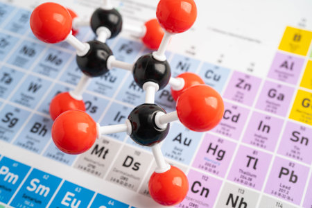 Molecules chemical on a periodic table background.の写真素材