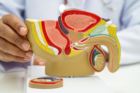 Male reproductive system, doctor holding human anatomy model for study diagnosis and treatment in hospital.の写真素材