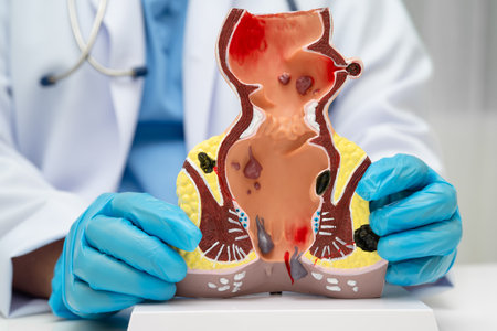 Asian doctor with rectum and hemorrhoid human anatomy model at hospital, inflamed vascular...