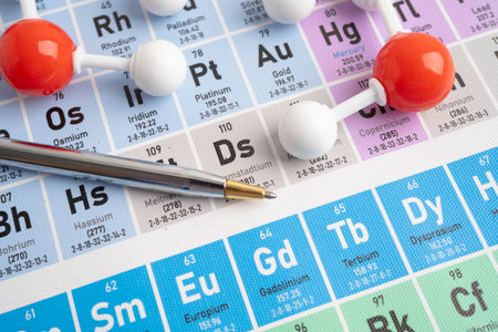 Molecules chemical on a periodic table background.の写真素材