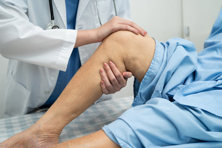 Doctor checking Asian elderly woman patient with scar knee replacement surgery in hospital.