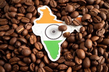 India flag on coffee beans, shopping online for export or import food product.の写真素材
